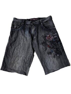 5ive Jungle & Co Men 34 Cut Off Embroidered Jean Shorts Y2K Skater Hip Hop Jorts